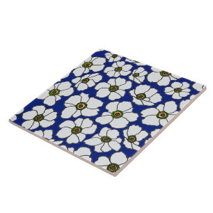 White Tropical Flowers On Blue Tile