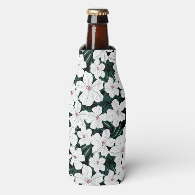 White Tropical Flowers Pattern Bottle Cooler (Bottle Front)
