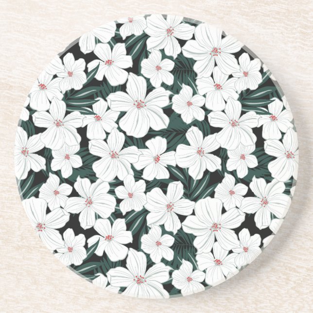 White Tropical Flowers Pattern Coaster (Front)
