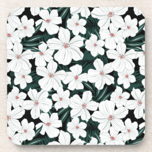 White Tropical Flowers Pattern Coaster