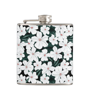 White Tropical Flowers Pattern Hip Flask
