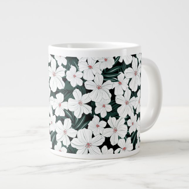 White Tropical Flowers Pattern Large Coffee Mug (Front Right)