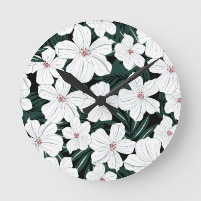 White Tropical Flowers Pattern Round Clock (Front)
