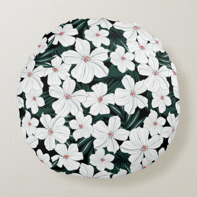 White Tropical Flowers Pattern Round Cushion (Front)