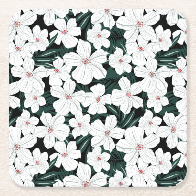 White Tropical Flowers Pattern Square Paper Coaster (Front)