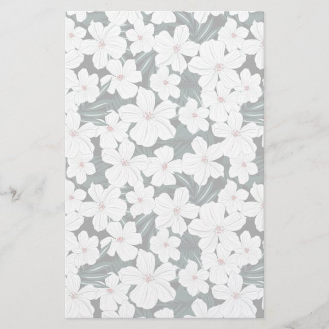 White Tropical Flowers Pattern Stationery (Front)