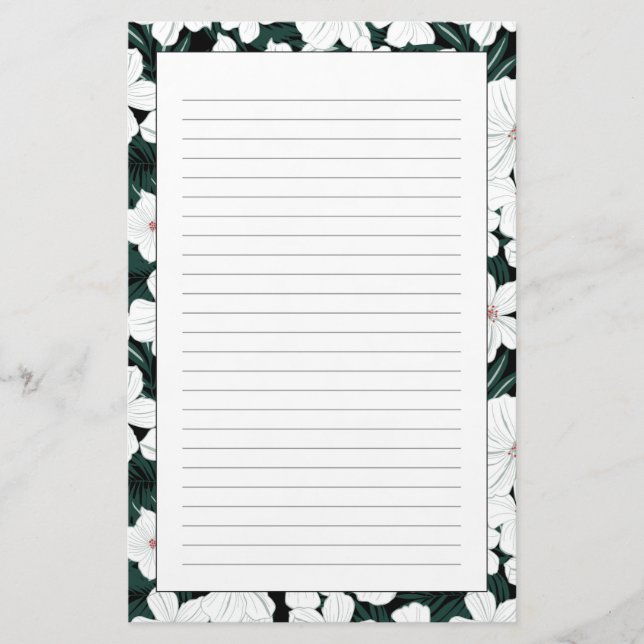 White Tropical Flowers Pattern Stationery (Front)