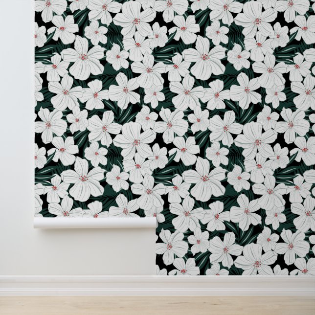 White Tropical Flowers Pattern Wallpaper (Application)