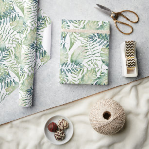 White Tropical Green Leaves  Wrapping Paper