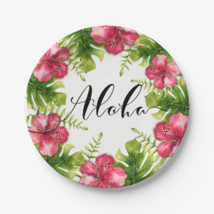 White Tropical Hibiscus Leaves ALOHA Wedding Party Paper Plate