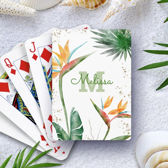 White Tropical Island Floral Monogram Script Gold Playing Cards (Creator Uploaded)