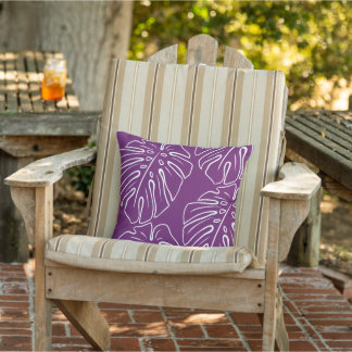 White Tropical Leaf Motif Dark Magenta Pink Purple Cushion