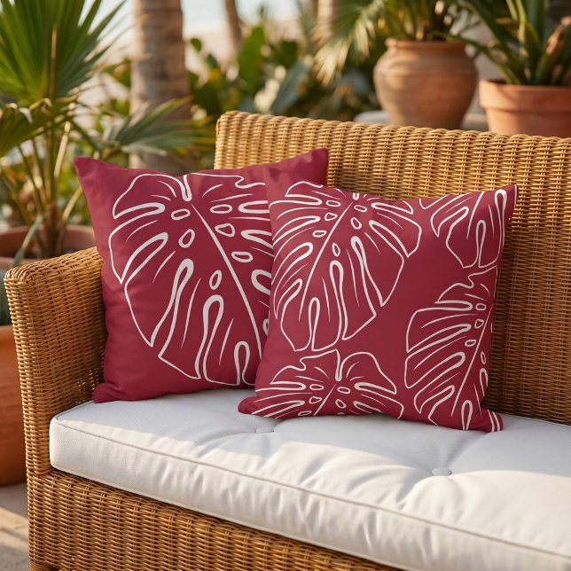 White Tropical Leaf Motif Dark Maroon Red Cushion (Creator Uploaded)