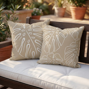 White Tropical Leaf Motif Khaki Taupe Beige Brown Cushion