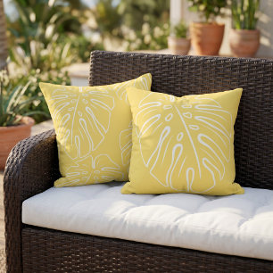 White Tropical Leaf Motif Light Sunny Corn Yellow Cushion