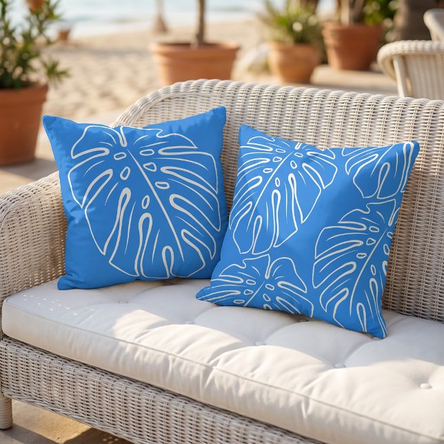 White Tropical Leaf Motif Mediterranean Azure Blue Cushion (Creator Uploaded)