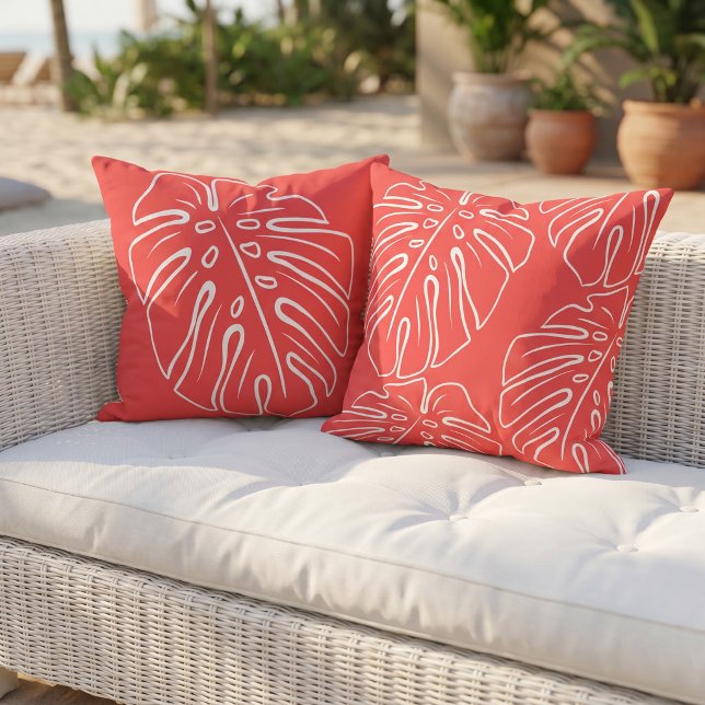 White Tropical Leaf Motif Melon Red Cushion (Creator Uploaded)