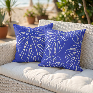 White Tropical Leaf Motif On Azure Persian Blue Cushion