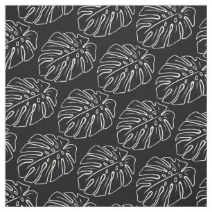 White Tropical Leaf Motif On Black Fabric