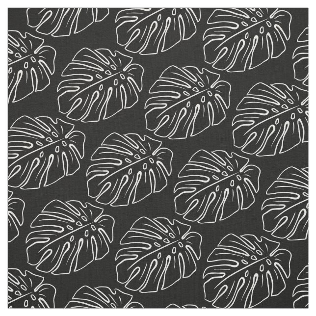 White Tropical Leaf Motif On Black Fabric (Swatch)