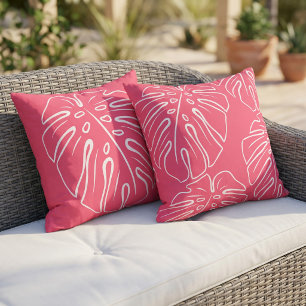 White Tropical Leaf Motif On Bright Raspberry Pink Cushion