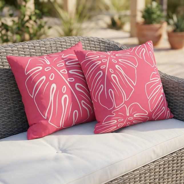 White Tropical Leaf Motif On Bright Raspberry Pink Cushion (Creator Uploaded)