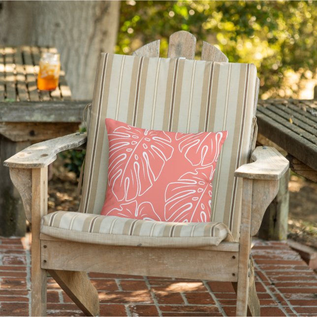 White Tropical Leaf Motif On Coral Red Orange Cushion (Chair)