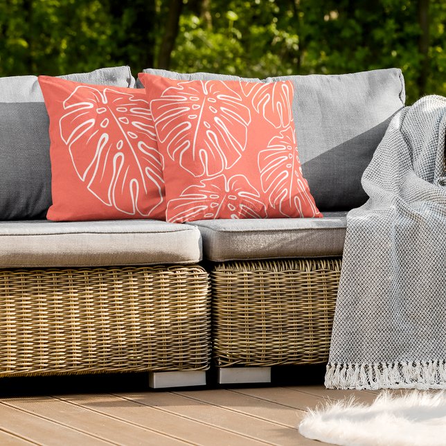 White Tropical Leaf Motif On Coral Red Orange Cushion (Creator Uploaded)