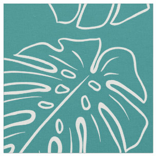 White Tropical Leaf Motif On Cyan Teal Blue Green Fabric