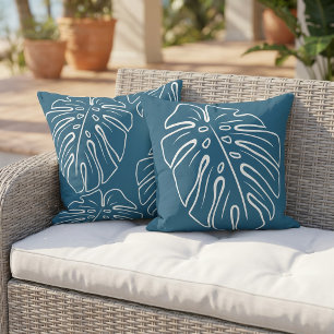 White Tropical Leaf Motif On Dark Teal Green Blue Cushion