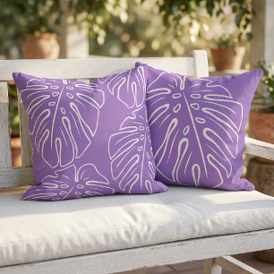 White Tropical Leaf Motif On Lavender Violet Cushion