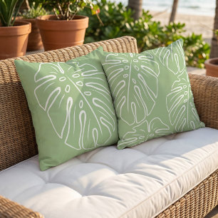 White Tropical Leaf Motif On Light Sage Green Cushion