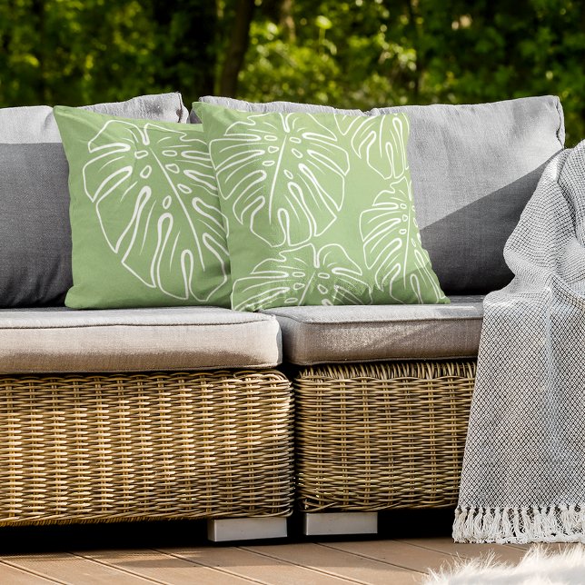 White Tropical Leaf Motif On Light Sage Green Cushion (Creator Uploaded)