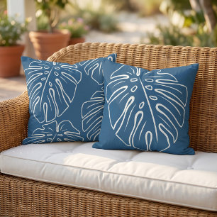 White Tropical Leaf Motif On Medium Dark Cyan Blue Cushion