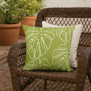 White Tropical Leaf Motif On Olive Green Cushion
