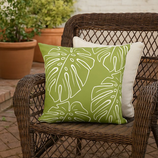 White Tropical Leaf Motif On Olive Green Cushion (Creator Uploaded)