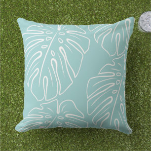 White Tropical Leaf Motif On Seaglass Green Blue Cushion
