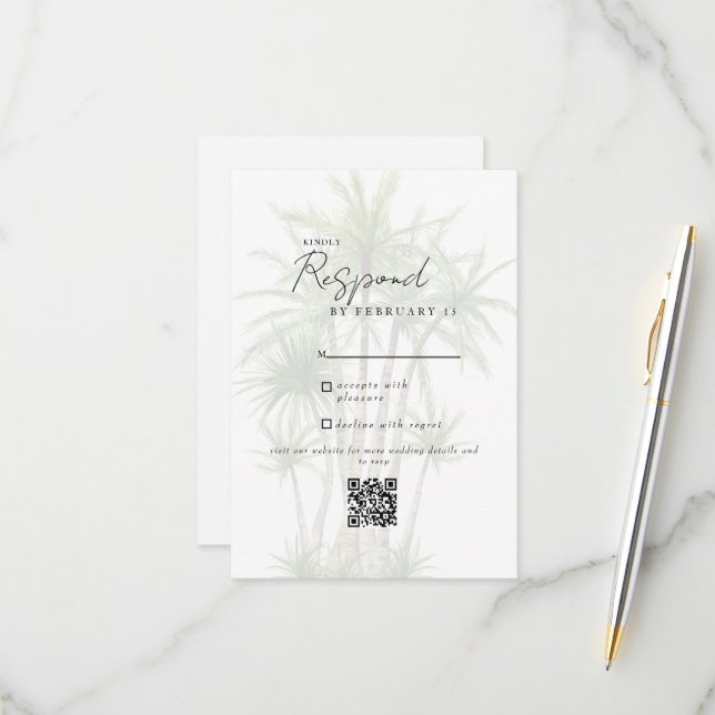 White Tropical Modern Wedding QR Code RSVP  (Front/Back In Situ)