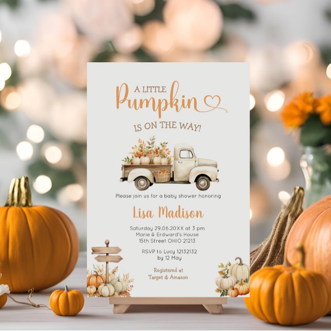 White Truck Pumpkin is on the way Baby Shower Girl Invitation (Creator Uploaded)