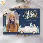 White Truck Snowman Christmas Photo Navy Blue Gold<br><div class="desc">Amaze your guests with this elegant woodland theme winter Christmas card featuring a cute white truck and adorable snowman with real gold foil elements.  Simply add your text on this easy-to-use template and adorn this card with your favourite photo to make it a one-of-a-kind holiday card.</div>