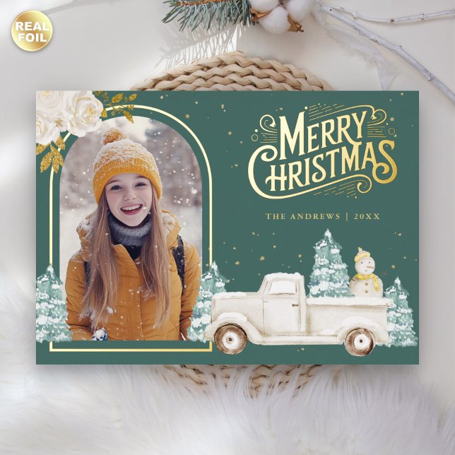White Truck Snowman Christmas Photo Teal Gold (Creator Uploaded)