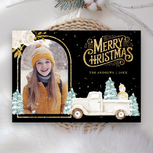 White Truck Snowman Gold Christmas Photo Black Holiday Card