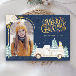 White Truck Snowman Gold Christmas Photo Navy Blue Holiday Card<br><div class="desc">Amaze your guests with this elegant woodland theme winter Christmas card featuring a cute white truck and adorable snowman with white flowers.  Simply add your text on this easy-to-use template and adorn this card with your favourite photo to make it a one-of-a-kind holiday card.</div>