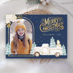 White Truck Snowman Gold Christmas Photo Navy Blue Holiday Card