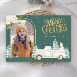 White Truck Snowman Gold Christmas Photo Teal Holiday Card<br><div class="desc">Amaze your guests with this elegant woodland theme winter Christmas card featuring a cute white truck and adorable snowman with white flowers.  Simply add your text on this easy-to-use template and adorn this card with your favourite photo to make it a one-of-a-kind holiday card.</div>