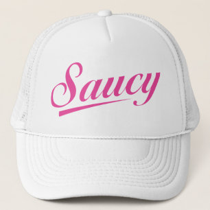 White Trucker Hat with a Pink Saucy logo