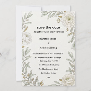 White Tuberose, Green Foliage, Botanical Line Art, Invitation