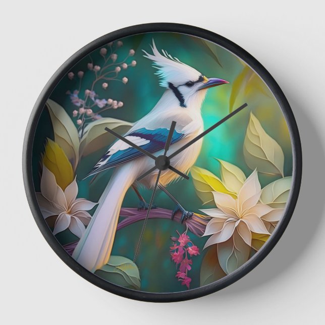 White Tufted Teal Wing Jay Fantasy Bird Clock (Front)