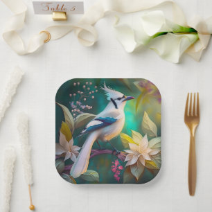White Tufted Teal Wing Jay Fantasy Bird Paper Plate