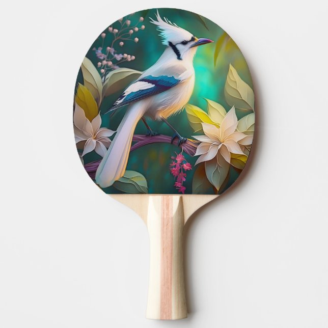 White Tufted Teal Wing Jay Fantasy Bird Ping Pong Paddle (Front)